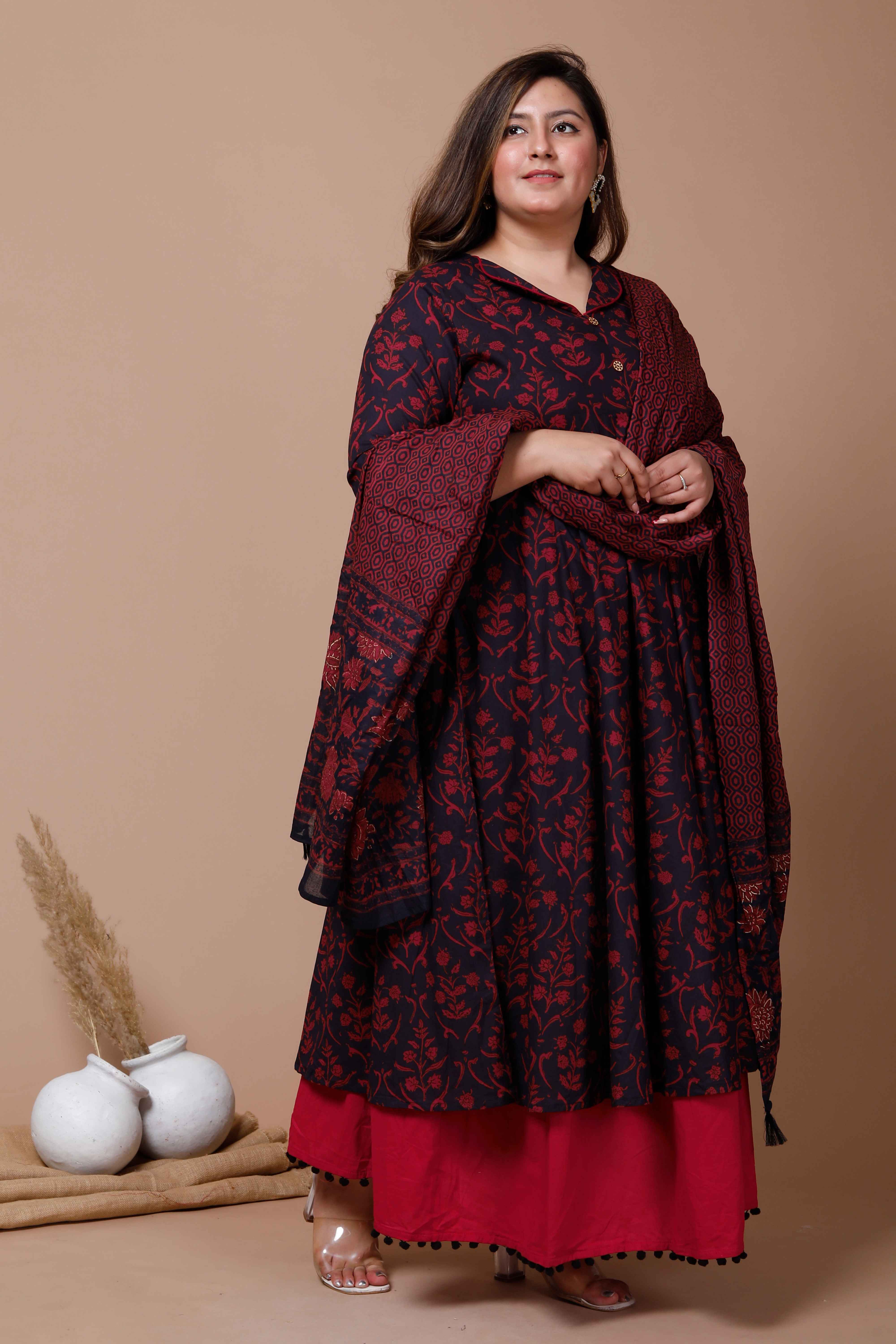 Maroon Floral Printed Cotton Anarkali Kurta with Dupatta